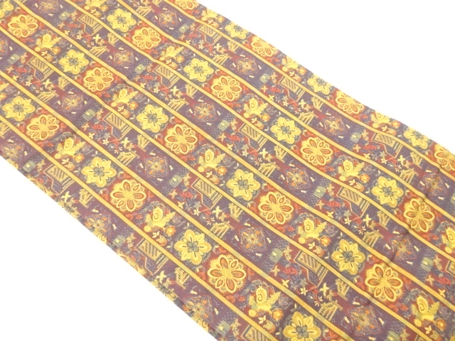 縞に花鳥模様織り出し名古屋帯